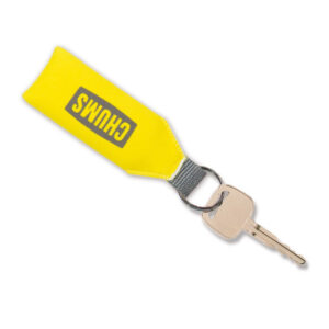 A yellow neoprene key ring produced by Chums